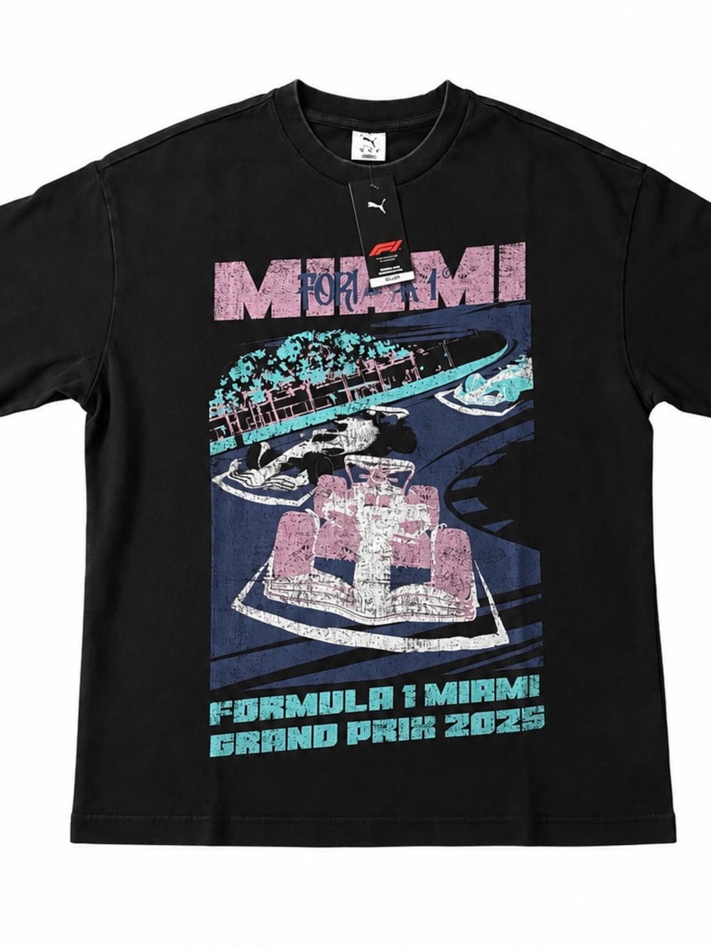 Puma Black Miami Grand Prix 2025 Graphic Tee with Pink & Teal Print